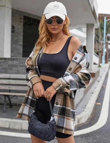 Vista 7 de Yeokou - Chaqueta de franela a cuadros con botones para mujer, para el otoño, bloque