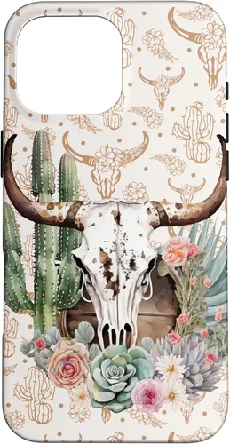 Vista 19 de Western Boho Chic Longhorn Bull Skull Cactus Beige Pattern Case for iPhone 17