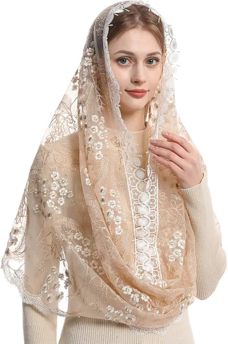 Vista 2 de Mantveil Velo de mantilla de misa católica forma de infinito, encaje floral, velo de misa, capilla española para mujer