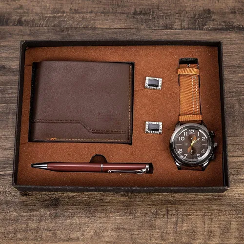 Vista 3 de ZLXDP - Juego de regalo para hombre con bonito paquete de reloj + gemelos tipo cartera, juego de combinación creativa para mujeres y parejas