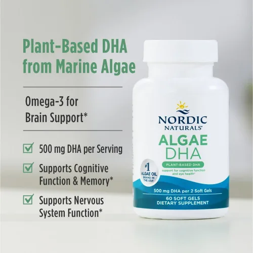 Vista 3 de Nordic Naturals DHA de algas – 60 geles suaves – 500 mg Omega-3 DHA – Aceite de algas vegano certificado – DHA a base de plantas – Soporte