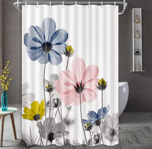 Vista 11 de MERCHR Cortina única floral azul para decoración de baño, cortina de ducha estilo granja con flores de margarita azul y gris elegantes y diseño