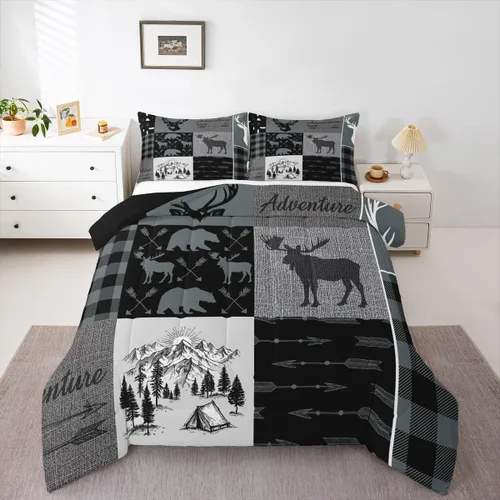 Vista 50 de Juego de edredón de cabaña rústica navideña, juego de ropa de cama estilo rústico con diseño de osos y ciervos, tamaño completo, patchwork Multi 08