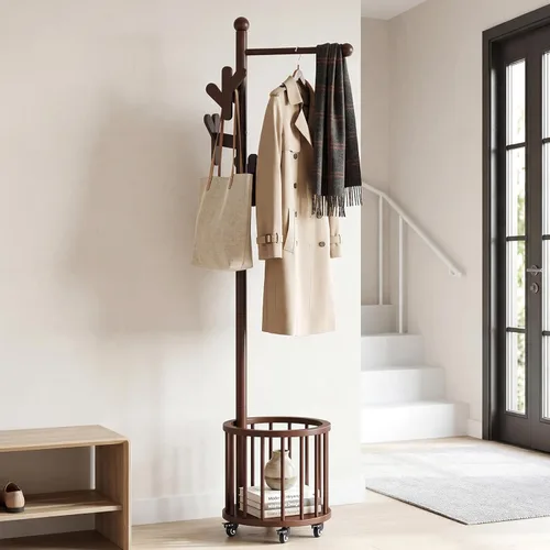 Vista 10 de CozyDH Perchero de madera con soporte para paraguas y ruedas, perchero independiente con múltiples ganchos, resistente para entrada, dormitorio