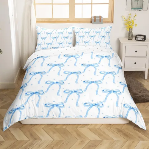 Vista 2 de Juego de funda de edredón con lazo de dibujos animados para niñas, tamaño individual, juegos de ropa de cama de princesa con lazo para niños, 2 Azul
