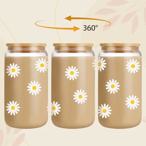 Vista 2 de GSPY Daisy Regalos Estéticos, Taza de Café Helado, Lindas Tazas de Vidrio con Tapas y Popotes - Lindas Tazas, Taza de Flores, Vaso de Vidrio