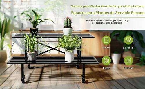 Vista 5 de Zhongma - Soporte de planta de metal resistente de 2 niveles con ruedas