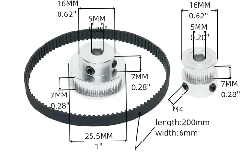 Vista 2 de Juego de 2 piezas 2GT Polea de distribución de aluminio 20 y 36 dientes 5 mm de orificio Rueda sincrónica con 2 piezas Longitud de 200 mm, ancho