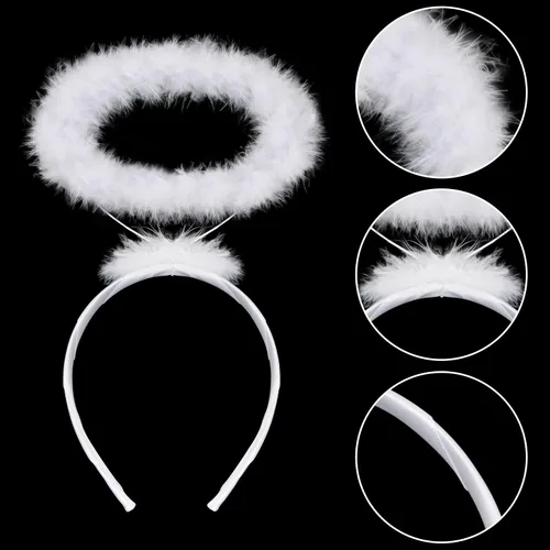 Vista 6 de LIYDE Diadema con halo de ángel, diadema de ángel de plumas, diadema blanca con halo para el cabello, suministros de fiesta de disfraces