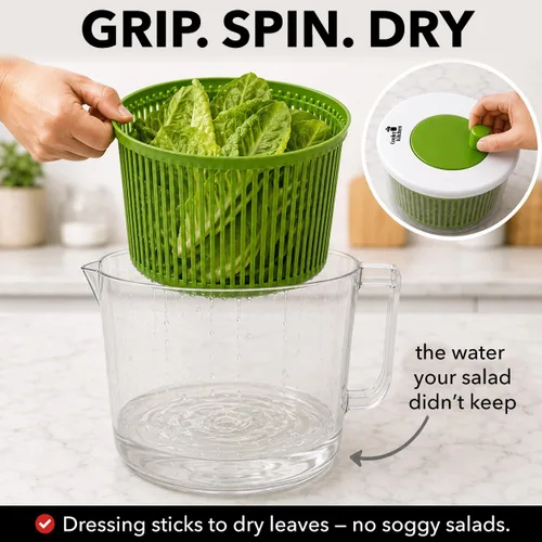 Vista 13 de Cooler Kitchen Pequeño plato giratorio para ensaladas, mini centrifugador y secadora de lechuga con tazón de taza medidora, lavadora compacta