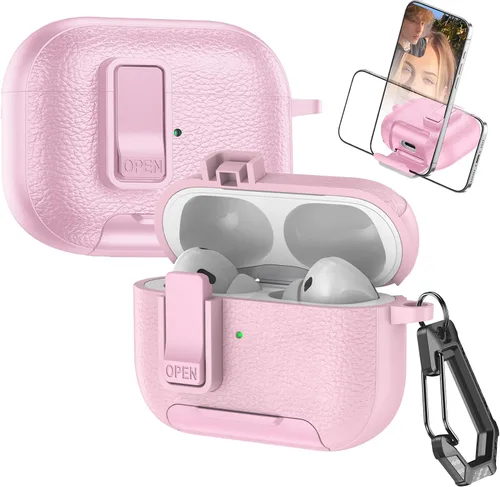 Vista 12 de Funda de cuero con clip de bloqueo para AirPods Pro 2ª/1ª con mosquetón, soporte de carga inalámbrica con soporte, cubierta de protección resistente