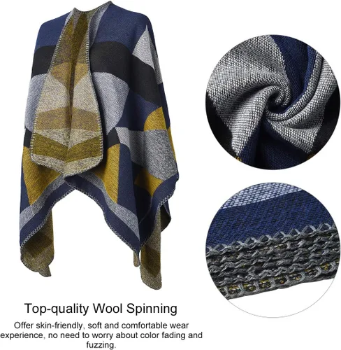 Vista 3 de OOPOR Chal cálido de invierno para mujer, capa de lana de punto para otoño, ponchos a cuadros, suéter, bufanda de forro polar