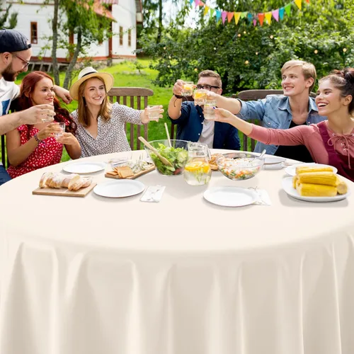 Vista 5 de 3 manteles color beige de 84 pulgadas para mesas redondas, mantel desechable de plástico marfil, mantel impermeable color crema para cumpleaños