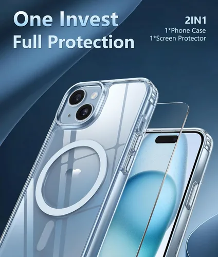 Vista 5 de FNTCASE Funda transparente para iPhone 15: Funda para iPhone 14/13, fundas magnéticas para teléfono con protector de pantalla compatible con Magsafe