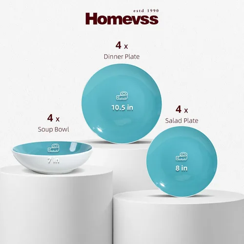 Vista 2 de HomeVss, Juego de vajilla de gres Coupe Shape de 12 piezas, exterior blanco + interior, azul Tiffany