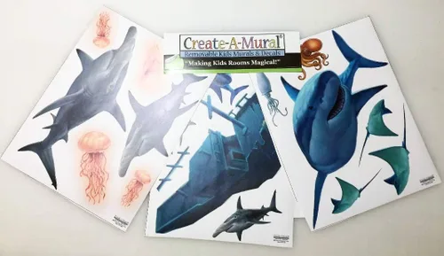 Vista 5 de Create-A-Mural Calcomanías de pared de tiburón ~ Impresionante tiburón vida marina y barco pirata hundido, gran blanco y tiburón martillo, arte