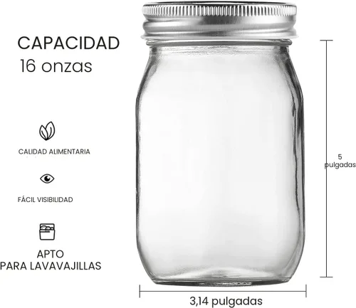 Vista 2 de BEWAVE Frascos de vidrio Mason, frascos de vidrio transparentes de 16 oz con tapas para sellar, frascos de boca normal para enlatado de alimentos