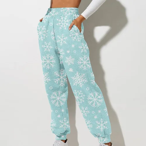 Vista 2 de Pantalones de chándal Estampado navideño para mujer rectos, cintura alta, elásticos, sueltos, básicos