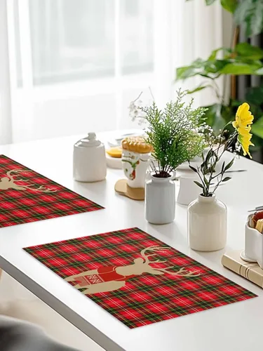 Vista 10 de Juego de 4 manteles individuales de reno de Navidad para mesa de comedor, alce de Navidad con bufanda, a cuadros de búfalo rojo, verde, duradero