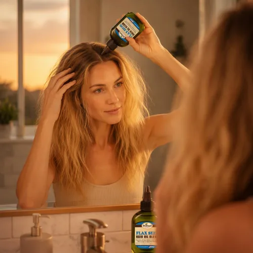 Vista 4 de Difeel Aceite natural prémium para el cabello, aceite capilar de semillas de lino, 2.5 onzas, tratamiento de aceite capilar fortalecedor e hidratante