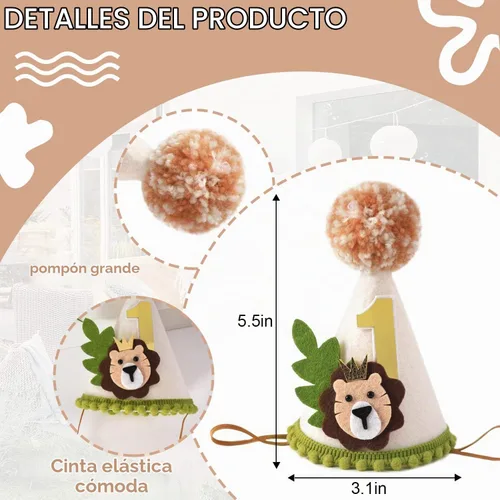 Vista 4 de Corona de primer cumpleaños con temática de león - Wild One Jungle Safari Decoración para niños