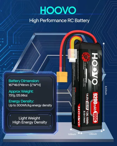 Vista 3 de HOOVO 4S Lipo - Batería 9200mAh 14.8V 100C con enchufe XT90, placas de metal, funda suave para RC Truck Truggy Buggy Tank RC Car Racing Hobby