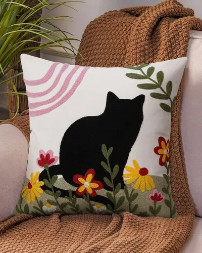 Vista 2 de JASEN Funda de almohada bordada de gato de 18 x 18 pulgadas, funda de almohada decorativa de algodón para sofá, dormitorio, sala de estar, casa