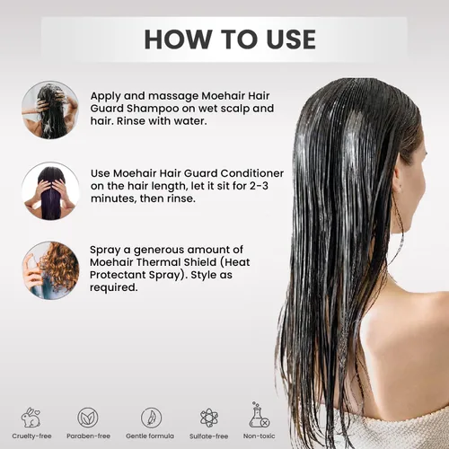 Vista 5 de MOEHAIR Travel Trio: Champú protector de cabello + acondicionador y protector térmico para cabello dañado y seco (3.4 fl oz cada uno)