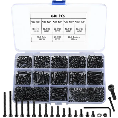 Vista 12 de 1080 piezas M2 M3 M4 Juego de tornillos de cabeza hexagonal con tuercas, pernos, tuercas y arandelas planas de acero negro, juego de tornillos