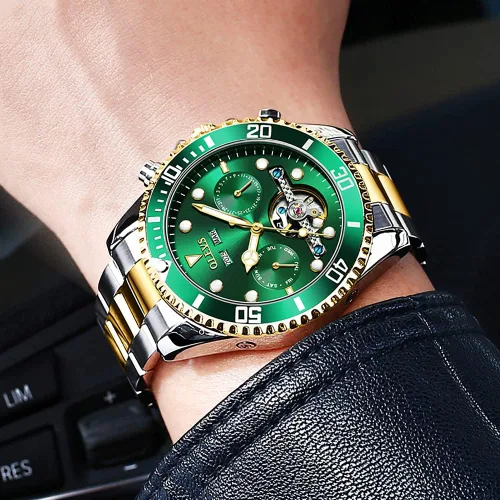 Vista 5 de OLEVS Reloj automático para hombres, reloj mecánico de cuerda automática, calendario para hombres, reloj de pulsera de acero inoxidable con esfera
