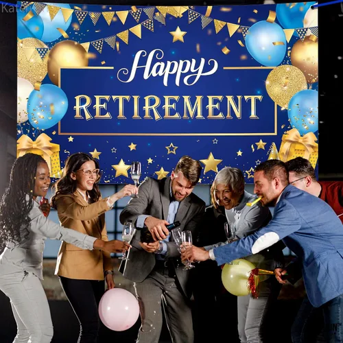 Vista 6 de KatchOn Cartel de feliz jubilación extra grande de 72 x 44 pulgadas, decoraciones azules y doradas, telón de fondo para fiesta, decoraciones