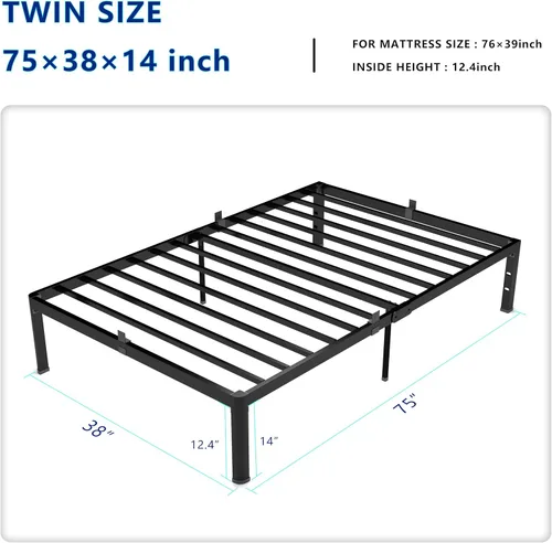 Vista 3 de yookare Armazón de cama de plataforma de metal Twin de 14 pulgadas con esquinas redondas y retenedores de colchón, soporte de listones de acero