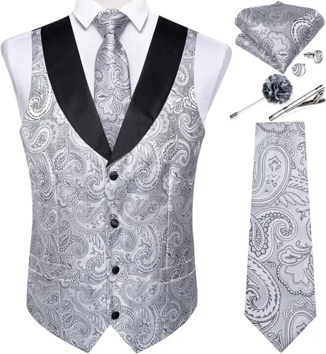 Vista 37 de DiBanGu Chaleco de traje de cachemira para hombre, chaleco jacquard de seda y corbata, chaleco formal de cuello de chal, 7 piezas para fiesta