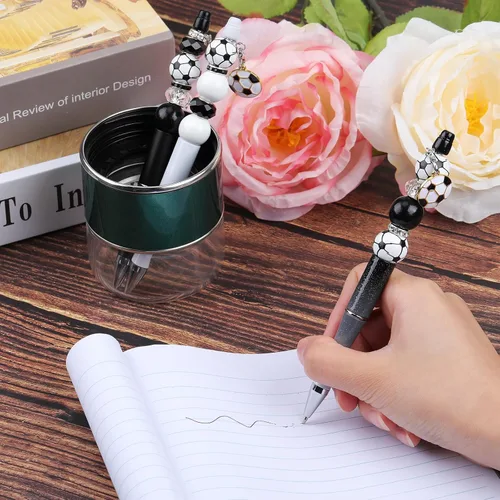 Vista 5 de 12 piezas de bolígrafos con cuentas a granel, bolígrafos con cuentas DIY, colgante de fútbol, bolígrafos con cuentas de tinta negra, kit de regalo