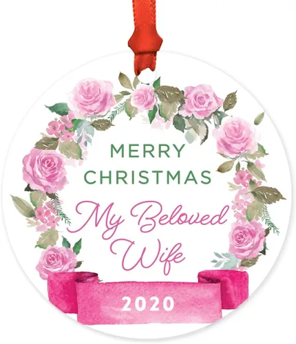 Vista 9 de Andaz Press Adorno de Navidad de madera grabado con láser para aniversario de boda, 1 año juntos, Navidad 2025, pancarta de flores rosas, 1 paquete
