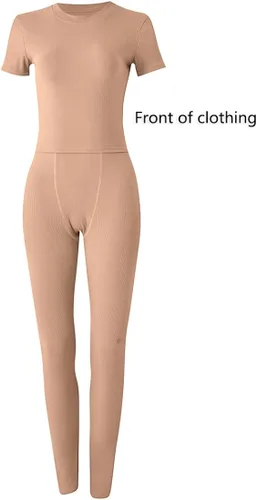 Vista 3 de LICOBOD Conjunto deportivo de 2 piezas acanalado casual para mujer, manga corta, cuello redondo, leggings elásticos de cintura media