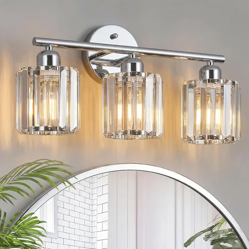 Vista 21 de Moderna lámpara de tocador de cristal de 2 luces, lámpara vertical de baño de níquel cepillado sobre espejo para tocador y lavabo, compatible