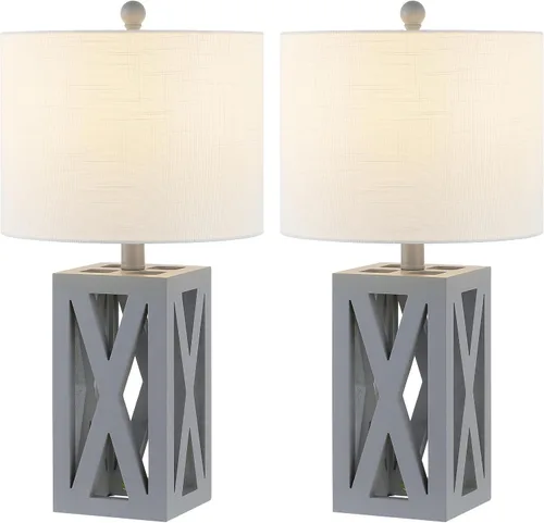 Vista 12 de JONATHAN Y Lámpara de mesa de madera de granja marrón de 21.5 pulgadas para mesita de noche y sala de estar, pantalla de tambor de lino blanco