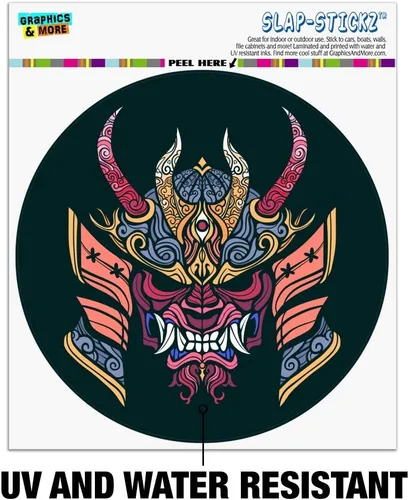 Vista 2 de Samurai Warrior - Máscara de demonio japonés Oni para automóvil, para ventanilla de coche, calcomanía circular para parachoques
