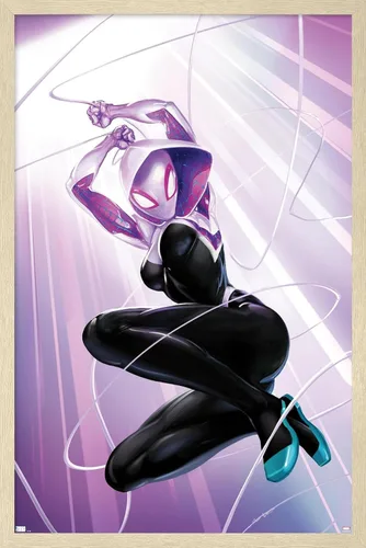 Vista 7 de Marvel Comics Ghost Spider - Póster de pared #1, 22.4 pulgadas de largo x 14.7 pulgadas de ancho, versión enmarcada de madera de granero