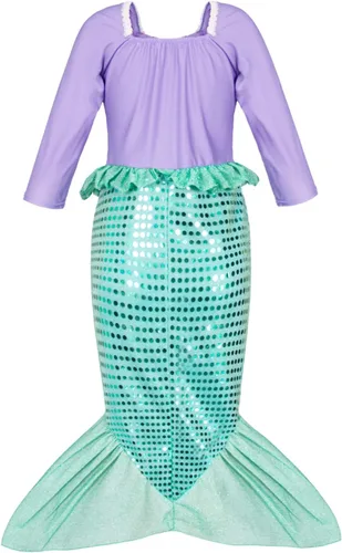 Vista 5 de Disfraz de sirena de princesa para niñas, fiesta de disfraces con peluca, corona, verde maza