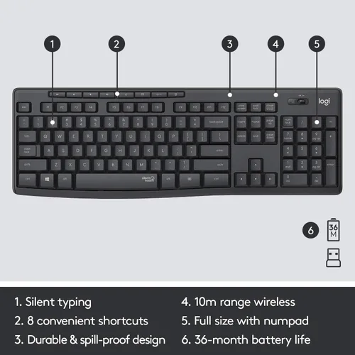 Vista 4 de Logitech MK295 - Teclado y mouse inalámbricos silenciosos, RF inalámbrico, QWERTY, negro, 104 teclas, 2,4 GHz, rango de 32.8 ft, tecnología