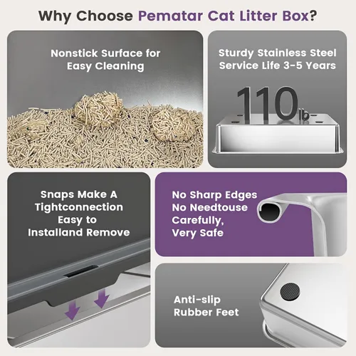 Vista 6 de Caja de arena extragrande XXL de acero inoxidable para gatos con tapa, 26" L x 18" W x 12" H caja de arena de metal con lados altos para gatos