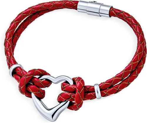 Vista 2 de Bling Jewelry Pulsera de cuero para mujer, color rojo, blanco, rosa, con corazón abierto, tejido delgado, trenzado, multihilo, cuero, novia, tono