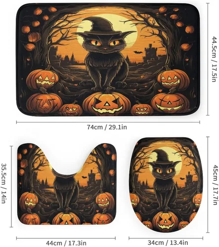Vista 3 de Juego de 4 cortinas de ducha de Halloween, gato negro, luna llena, calabaza aterradora, cortina de ducha y alfombras, juego de cortina de ducha