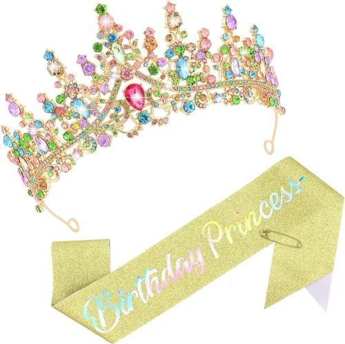 Vista 8 de CAVETEE Corona y banda de princesa de cumpleaños, corona de cumpleaños con banda de purpurina para decoraciones de fiesta de princesa para mujer Oro