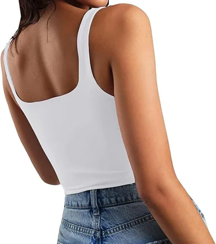 Vista 3 de GEMBERA Camiseta sin mangas sexy sin mangas con cuello cuadrado para mujer, ajustada, para gimnasio, elástica, recortada