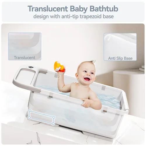 Vista 6 de Bañera de bebé plegable - Tina de baño de gran capacidad con termómetro y almohadilla suave Bañera portátil de viaje para recién nacidos e