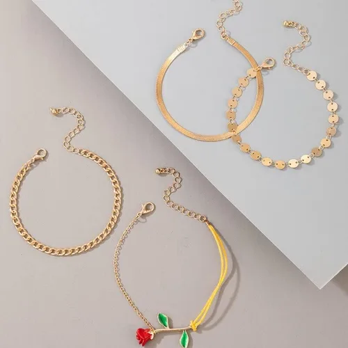 Vista 6 de Juego de 4 pulseras de cadena de eslabones de oro para mujer, pulsera pequeña con dije de corazón de amor para niñas, cadena básica, joyería