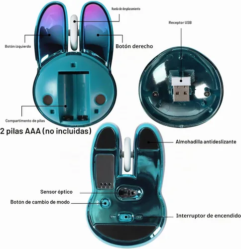 Vista 9 de Ratón inalámbrico Bluetooth lindo conejito de doble modo ratón portátil pequeño 2.4G ratón óptico con receptor USB silencioso azul Kawaii conejo